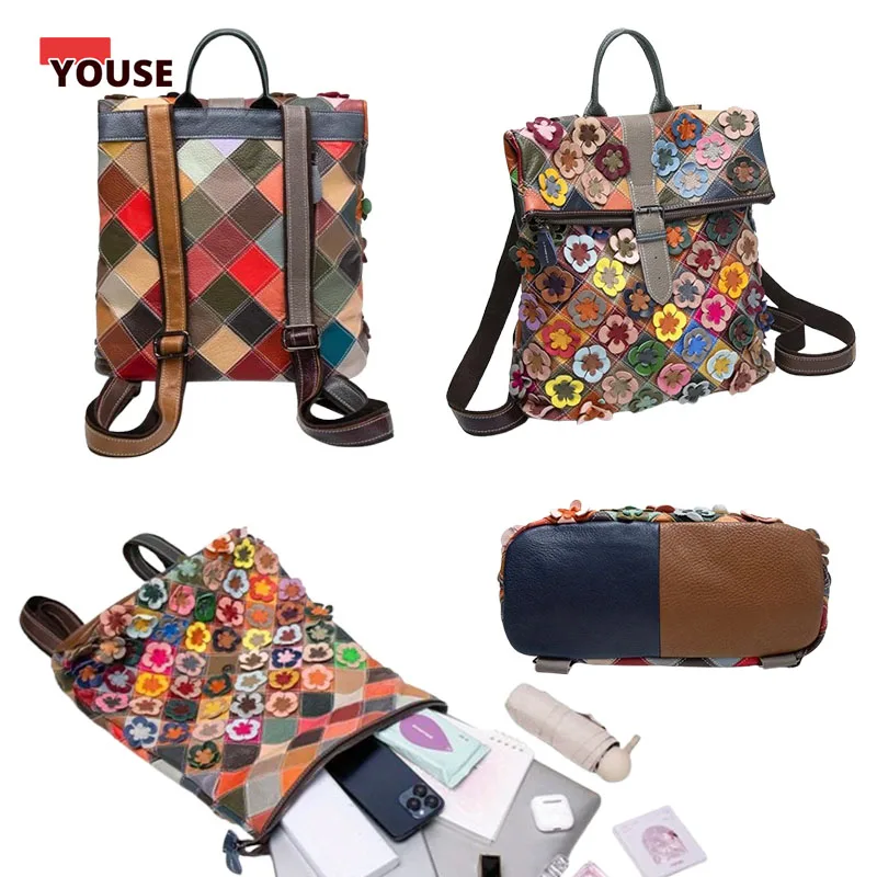 ​​Boho Floral Patchwork Backpack - Vintage Genuine Leather Daypack w/ 3D Embossed Flowers Romantic Backpack, Patchwork Retro