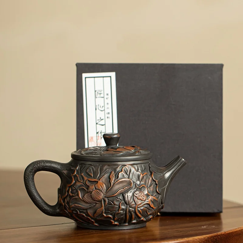 240ml Purple Pottery Vintage Teapot Ceramic Carve Kung Fu Teapot Single Teapot Pu'er Tea Making Device Tea Sets Chinese Tea Pot