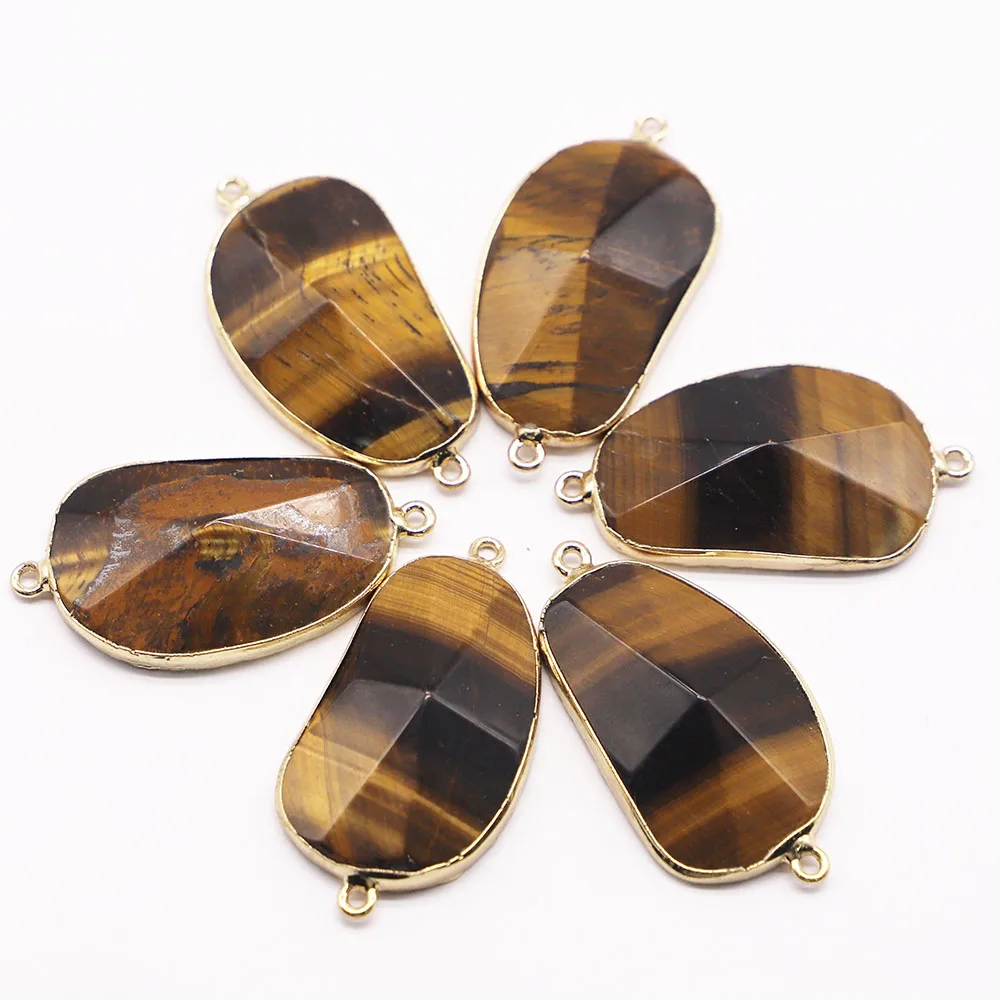 

New Natural Tiger Eye Stone Irregular Connector Pendant Slice Necklace Gold Plated Edge Charm Diy Fashion Jewelry Wholesale 6Pcs