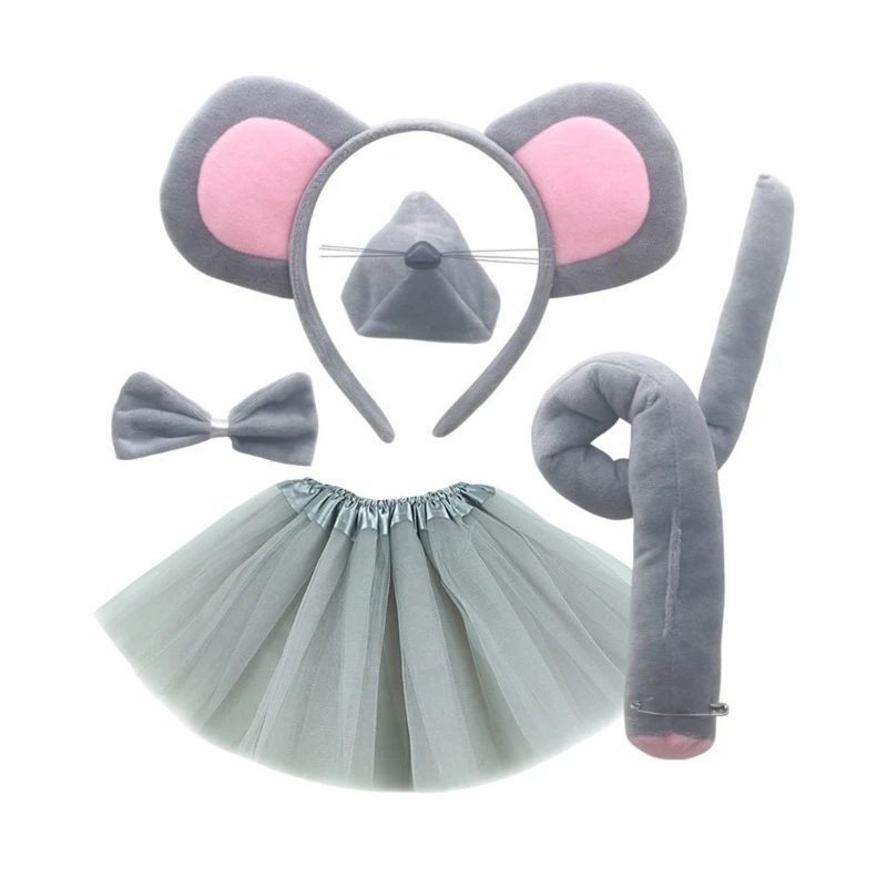 

1/4/5Pcs Mouse Costume for Kids-Mouse Ears Headband Tail Bowtie Tail Nose Gloves Tutu Skirt Animal Cosplay Accessories