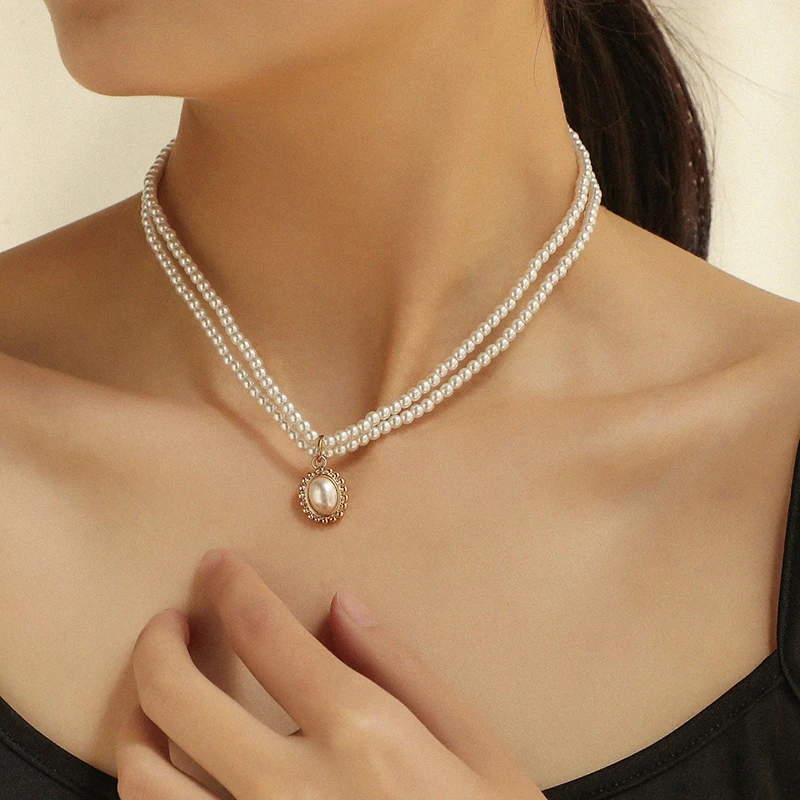 Necklace Choker Retro Double Layer Pearl Simple Necklace Wedding Women Necklace Neck Chain Beads Necklace Chocker Jewelry Gift