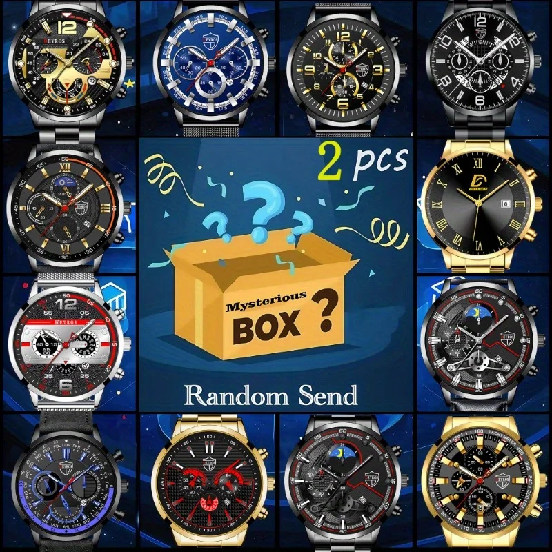 Mystery Box ,Random 2 Pieces Mens Fashion Round Quartz Watch Mystery Box The Best Difts For Birthday Valentine's Day Ideal Gift