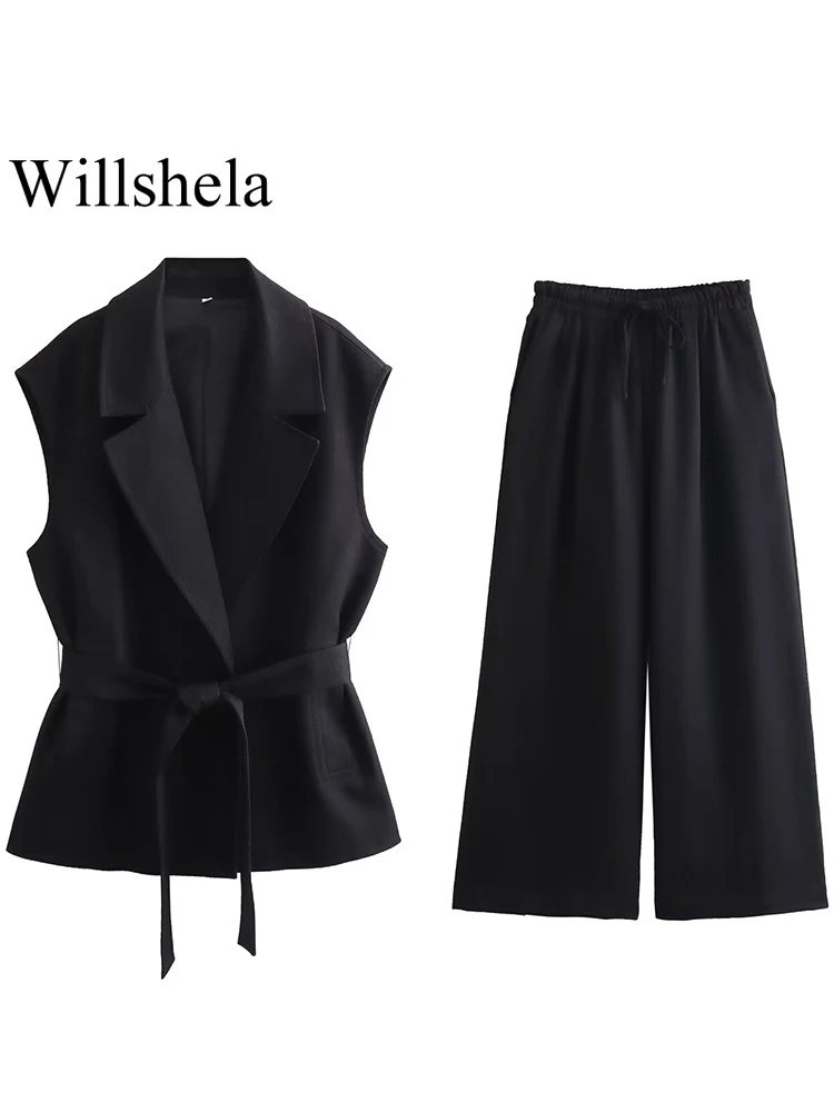 Willshela Women Fashion Two Piece Set Solid V-Neck Single Breasted Tank Tops & Vintage Straight Leg Pants Female Chic Pants Suit