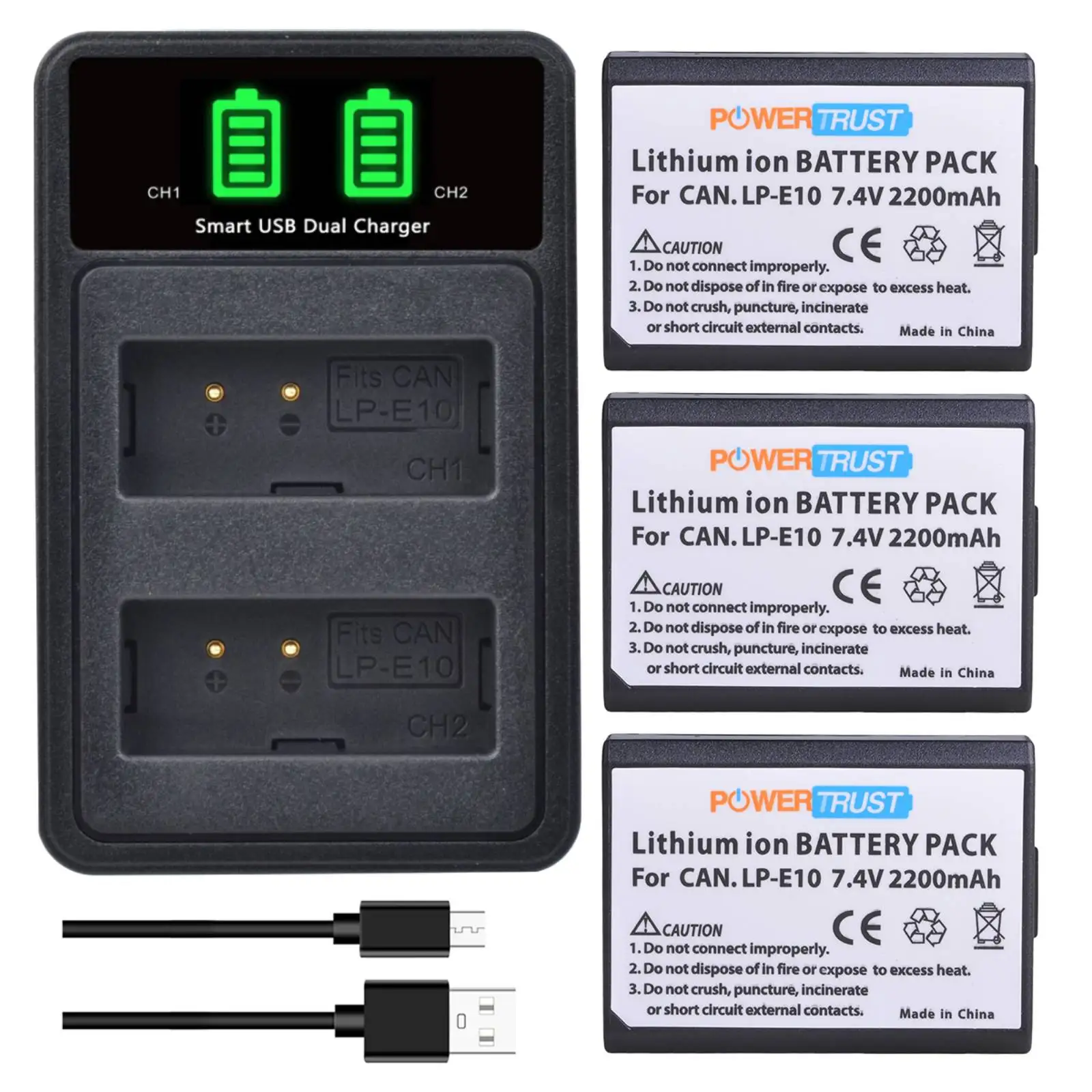 2200mAh LP-E10 LPE10 Battery + LP E10 Charger with Type-c for Canon EOS 2000D 1100D 1200D  1300D 4000D, Rebel T3 T5 T6 T7