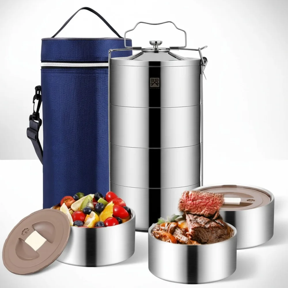 

Штабелируемый ланч-бокс из нержавеющей стали на 80 унций, 4-х уровневый герметичный контейнер для еды с изолированной сумкой для взрослых