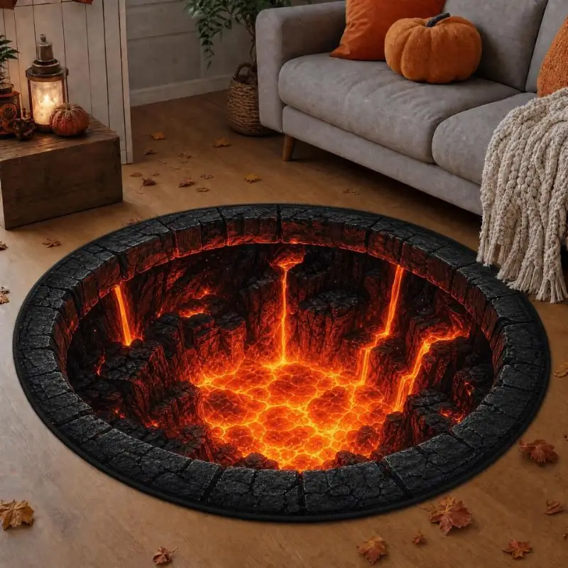 VIKAMA Halloween Round Rug Lava Abyss 3D Illusion Fiery Volcano Non Slip Area Rug Living Room Spooky Decor Vibrant Durable Funny