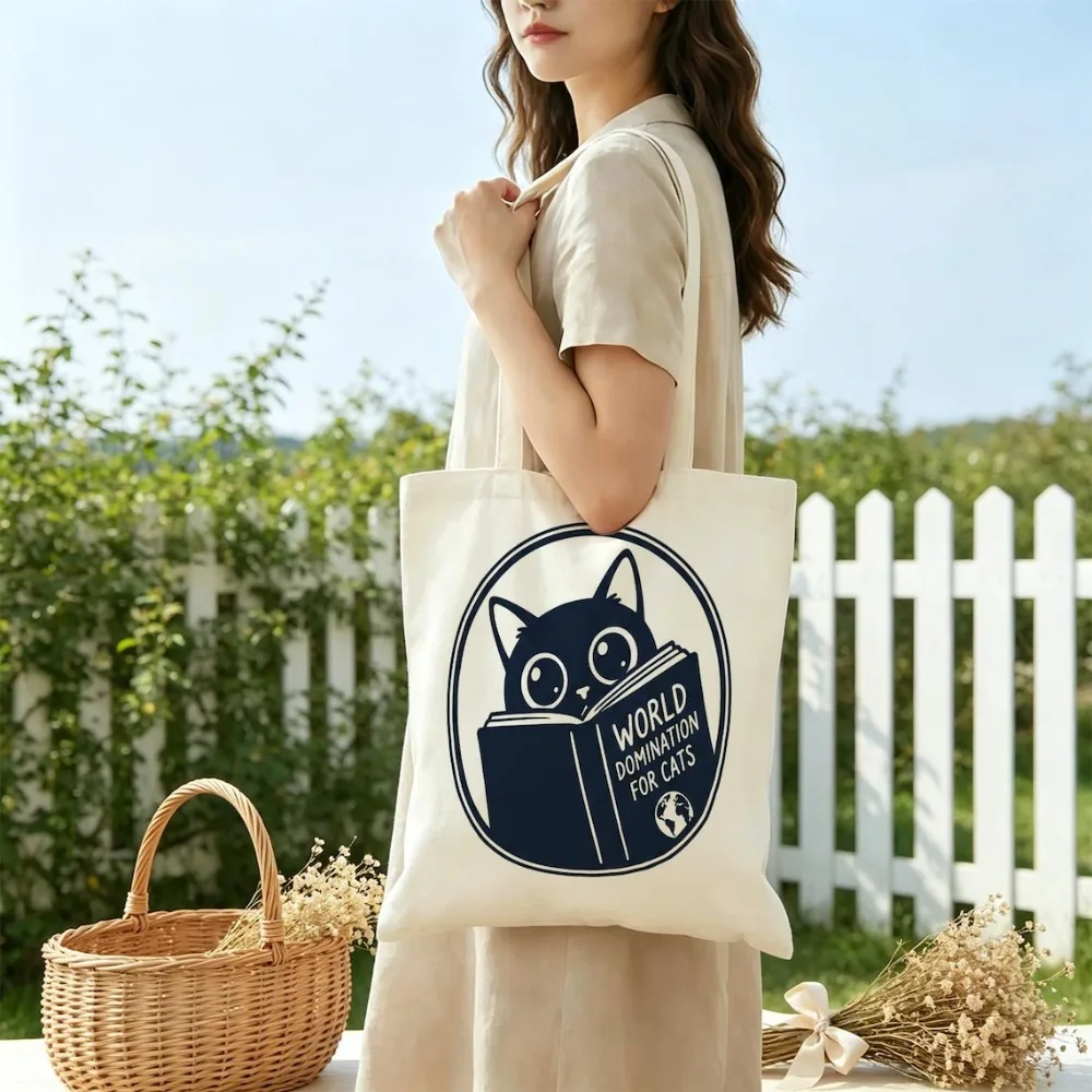 Cute Cat Reading Book Canvas Tote Bag World Domination for Cats Funny Print Shoulder Bag Casual School Shopping Handbag for Gift