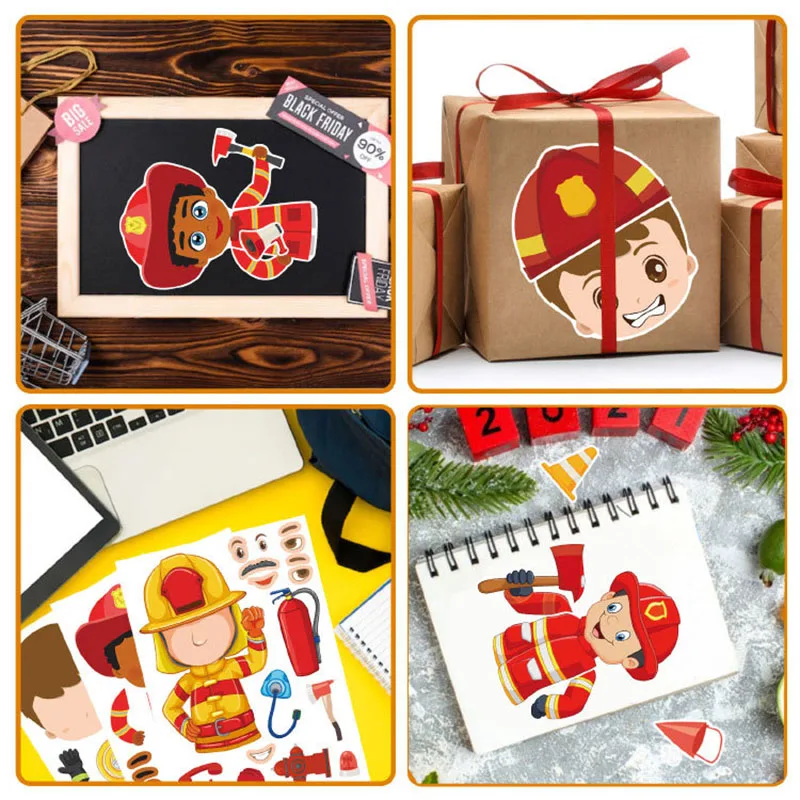 Kinder DIY Feuerwehrmann Aufkleber Kreative Make A Face Aufkleber Feuerwehrmann Geburtstag Party Supplies Schule Feuer Bildung Belohnung Geschenk – Detail 5