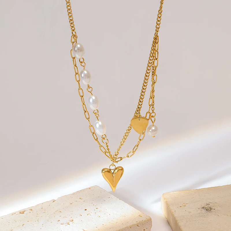 GANEMLY 316L Stainless Steel Heart Love Pendant Necklace For Women Fashion Pearl Neck Chain Waterproof Jewelry Gift Collar
