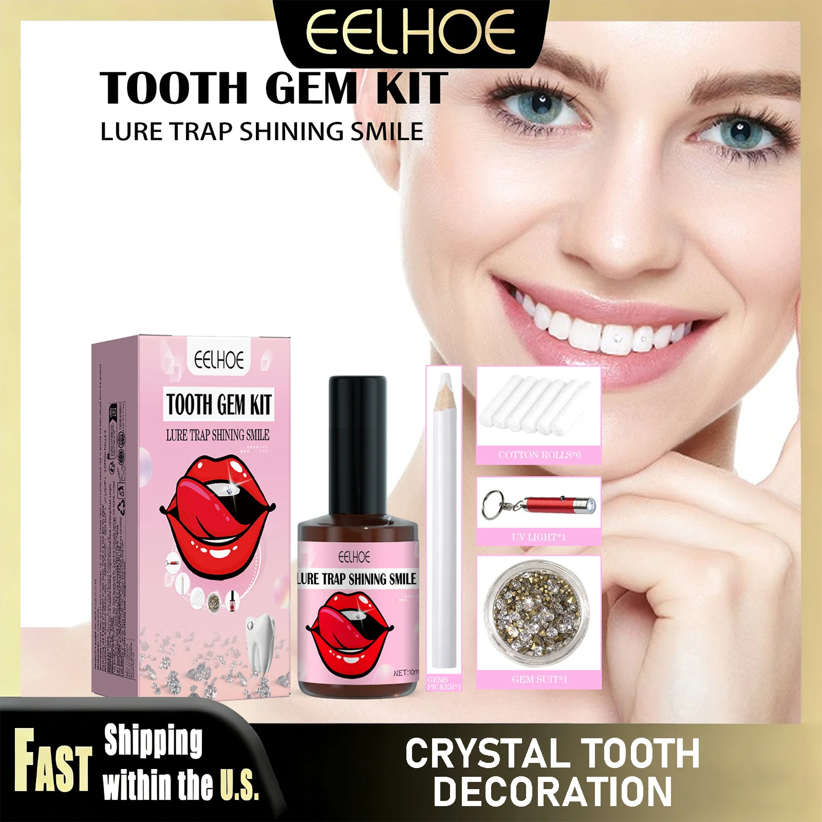 

Набор для самостоятельного украшения зубов EELHOE с клеями и светом, прозрачные камни, украшения для зубов, блестящие украшения для зубов, набор для декорирования зубов.