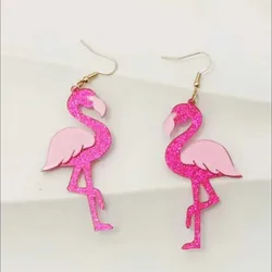 Cross-Border Fun & Cute Flamingo Earrings With Glittery Pink Acrylic Hanging Earrings