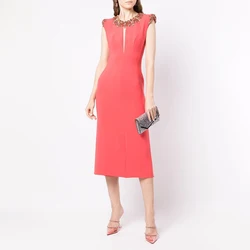 Short Cocktail Dresses for Women 2024 Crystal O Neck Cap Sleeves Cocktail Gown Luxury Tea Length Column Evening Party Dress Midi