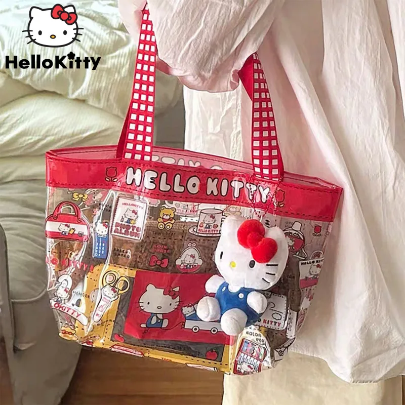 Sanrio Hello Kitty Cute Cat Transparent Bag Summer New Fashion Cartoon Printed Handbag Y2k Korean Style Large Capacity Tote