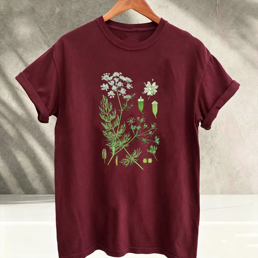 Vintage Botanical Herb Plant Diagram Watercolor Graphic T‑Shirt Men Green Botanical Science Floral Art Tee Casual Crew Neck Tops