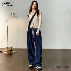 Maden Ice Silk Cool Feeling Jeans for Women Denim Blue Loose Wide Leg Pants Elastic Waist Contrasting Color Tassel Waist Cord