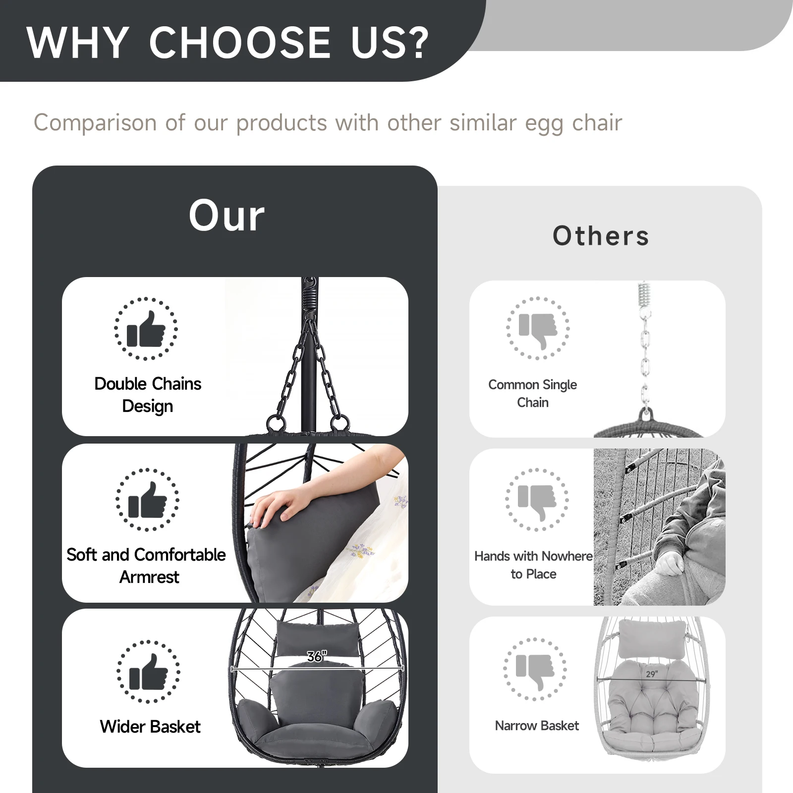 كرسي البيض مع وسادة، كرسي أرجوحة البيض الداخلي الخارجي، كرسي بيضة الروطان الخوص المعلق مع سلاسل مزدوجة، سعة 350 رطل