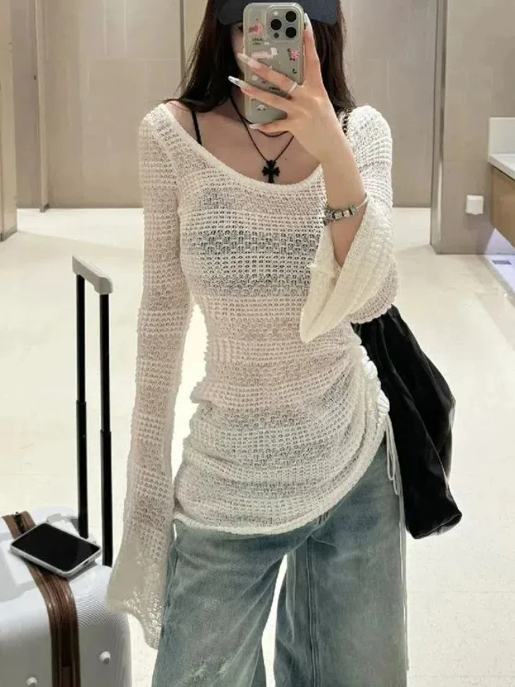 Hollow Out Long Sleeve Knitwear Thin New Beach Cover Up Drawstring Off Shoulder Design Solid Slim Irregular Pullover Women