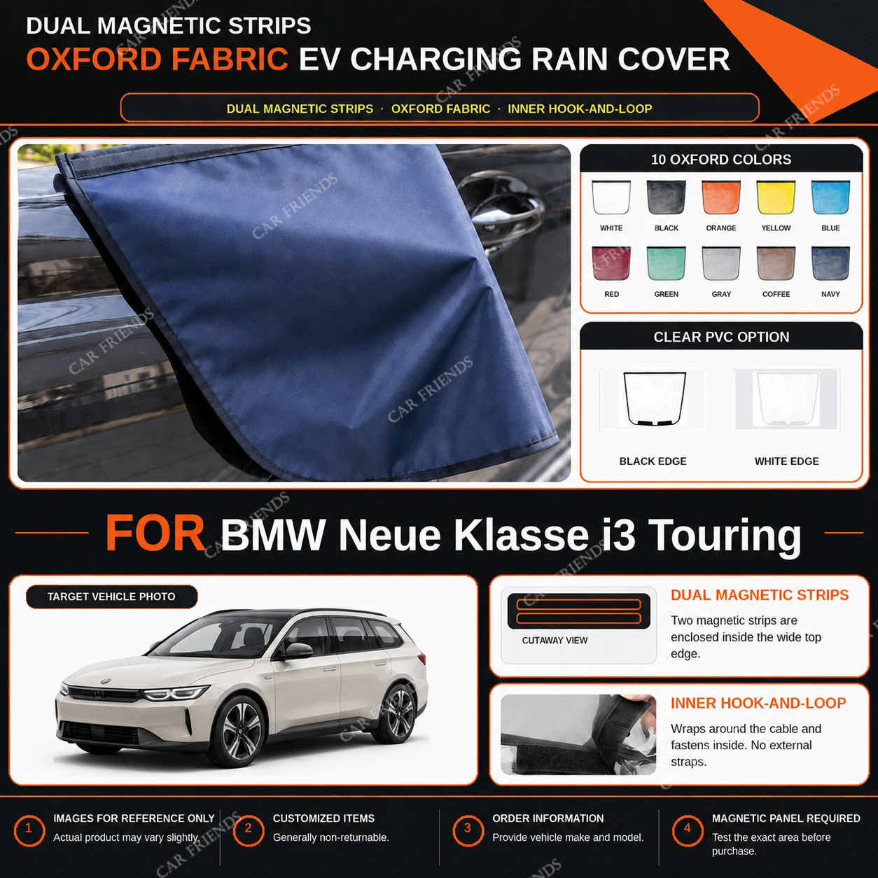 For BMW Neue Klasse i3 Touring Oxford Fabric EV Charging Port Rain Cover with Dual Magnetic Strips Water-Repellent Dust and