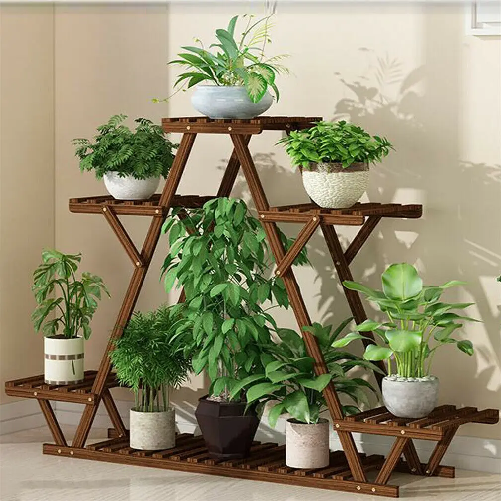 Wood Plant Stand Indoor Outdoor Carbonized Triangle 6 Tiered Corner Plant Rack Flower Pots Display Rack Shelf Holder