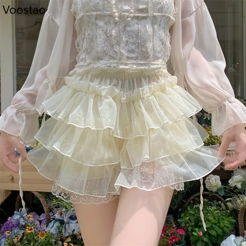 

Sweet Chic Lolita Safety Shorts Summer Women Kawaii Lace Mesh Ruffles JK Bloomers Cute Stretchy Underpants Girls Short Pants