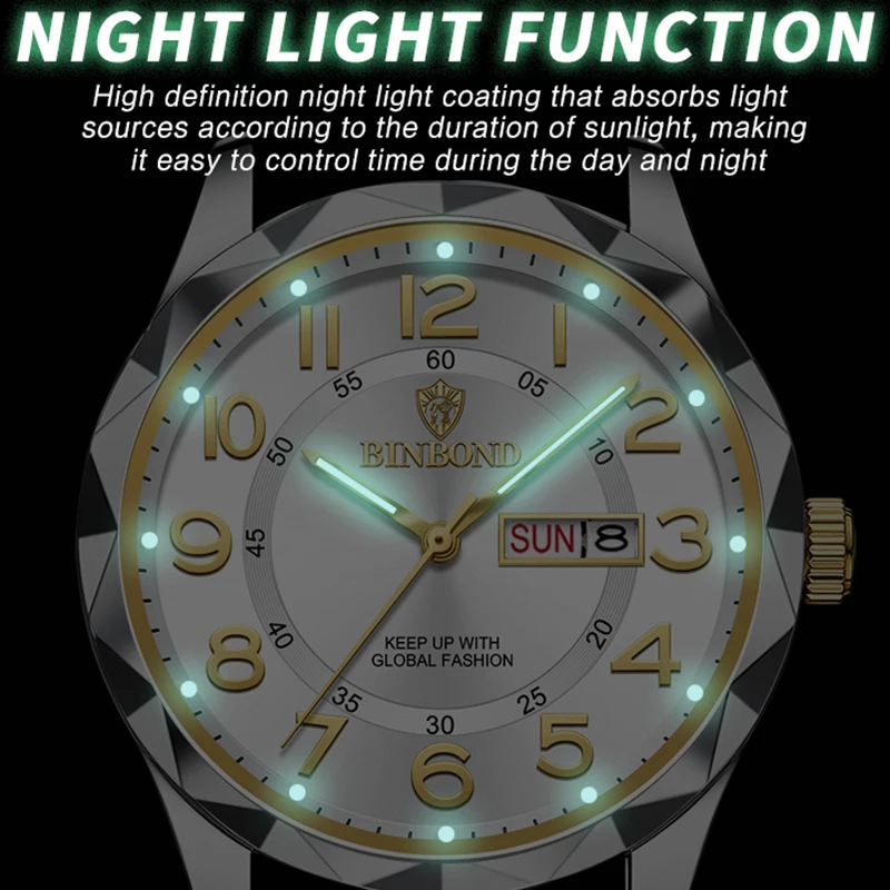 BINBOND Luxury Business Men's Quartz Watches Dual Calendar Waterproof Fashion Leisure Luminous Watch Stainless Steel Men Watches