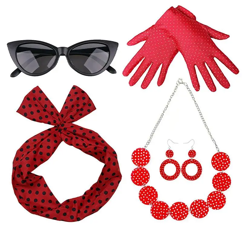 

50s Women Set Gloves Necklace Headband Decor 5pcs Disco Outfit Fancy Dress Party Outfits For Girls