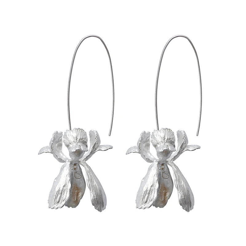 Handmade Single 925 Sterling Silver Iris Flower Long Hook Earrings Original Design Plant Floral Series Women's Fashion Jewelry