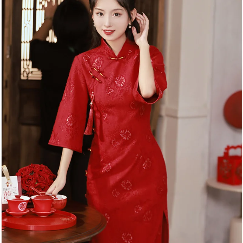 Women Bride Wedding Dress Qipao Lace Print Cheongsam Vintage Button Chinese Dress Autumn Mandarin Collar Vestidos Plus Size 3Xl