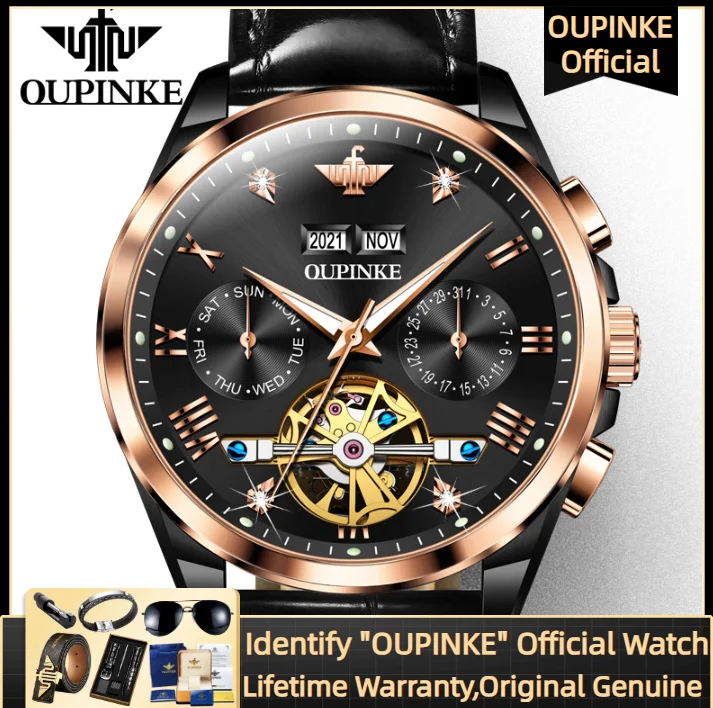 

OUPINKE 3186 Luxury Brand Multifunctional Men's Watch Waterproof Leather Strap Auto Date Skeleton Automatic Mechanical Watch