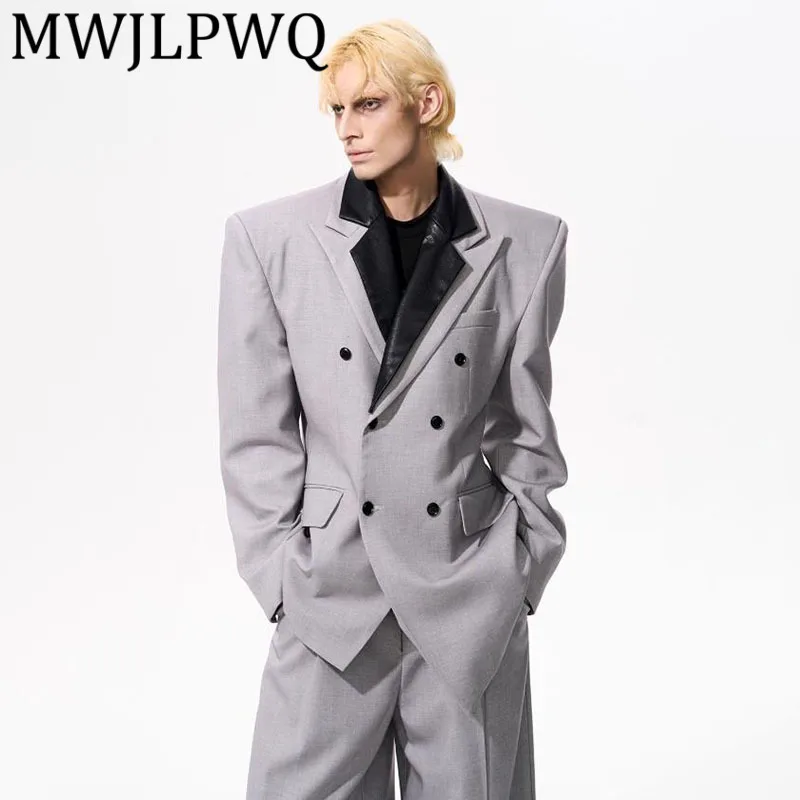 

MWJLPWQ High-End Wool Tassel Shoulder Pad Blazer Men Autumn Waist-Cinching Suit Detachable Leather Collar SlimDesign Tops 12115