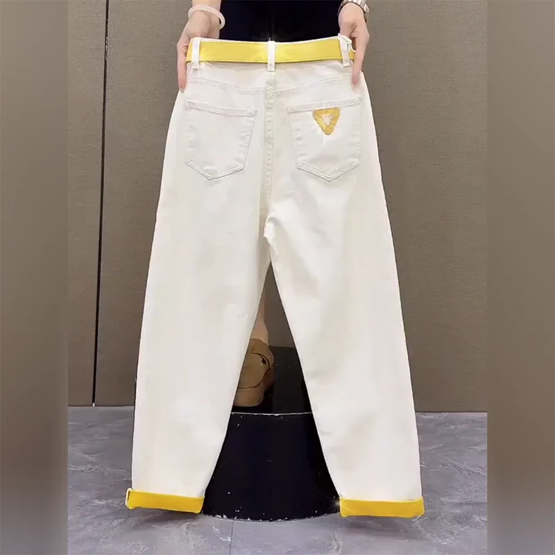 

2025 Spring/Summer New Color blocked Jeans for Women Fashionable and Slim Straight Leg Pants High Waist Loose Dad Harlan Pants