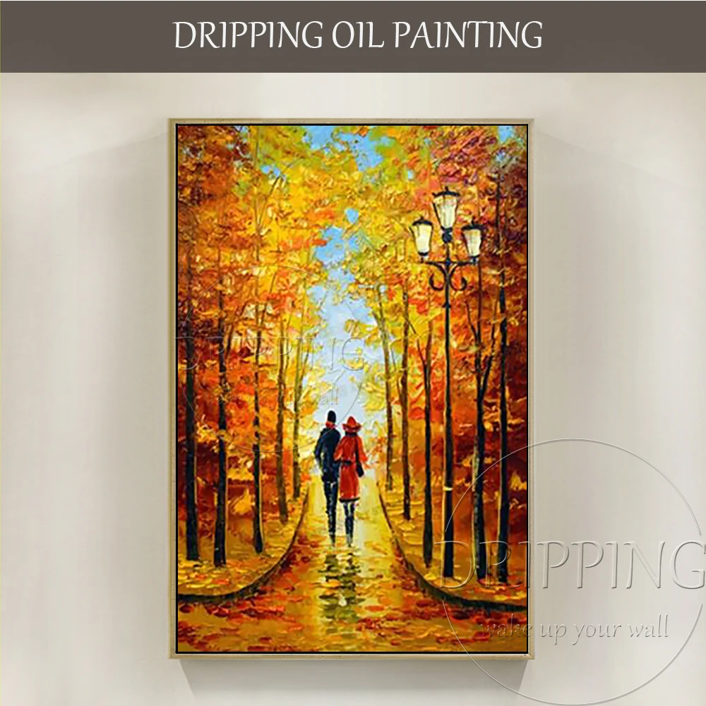 

Hand-painted Thick Paints Palette Knife Autumn Landscape Acrylic Painting Handmade Wall Art Canvas Decor Lover Walking Painting