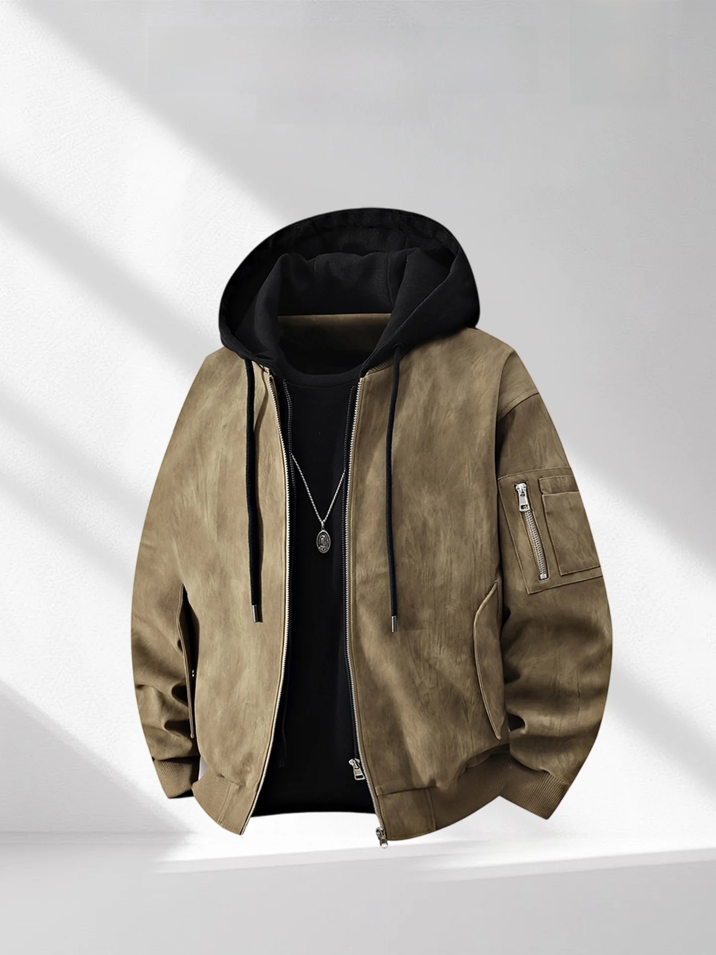 

Wassup Glory Men's Leather Jaet Coat Hooded Long Sve Zipper Closure Faion Urban Sle American Retro Brand Autumn Wear