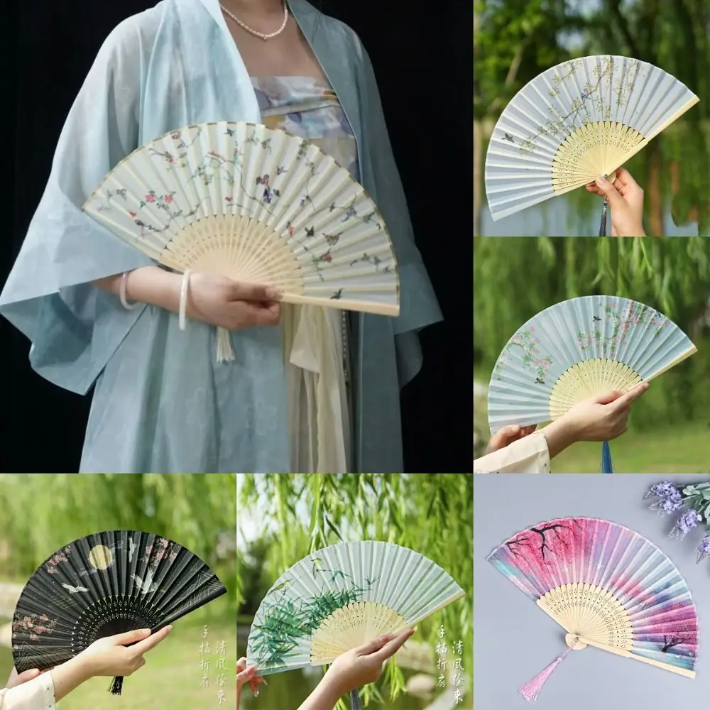 Bamboo Chinese Japanese Folding Fan Silk Vintage Style Folding Fan Hand Fan Tassel Elegent Female Fan Shank Classical Dance Fan