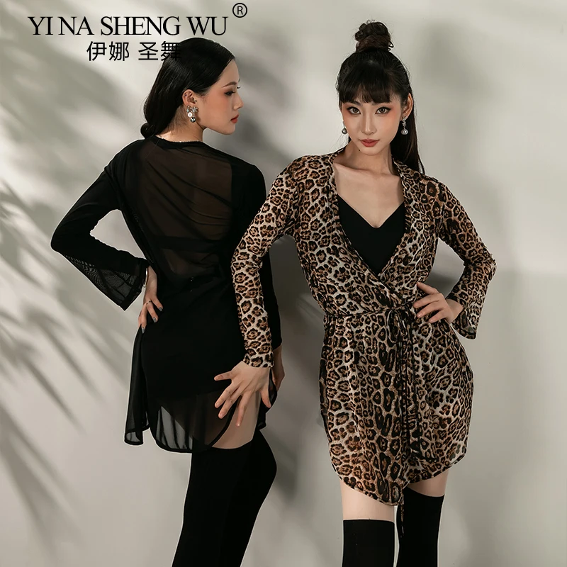 ملابس الرقص اللاتينية للنساء بأكمام طويلة سترة فضفاضة شبكية علوية للكبار ممارسة الرقص ملابس التدريب معطف الرقص الحديث رومبا