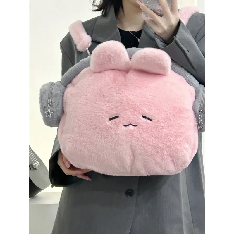 MBTI Cute Bunny Womens Backpack Casual Soft Pink Plush Fluffy Lolita Jk Designer Backpack Student Korean Fashion Earphones Bag