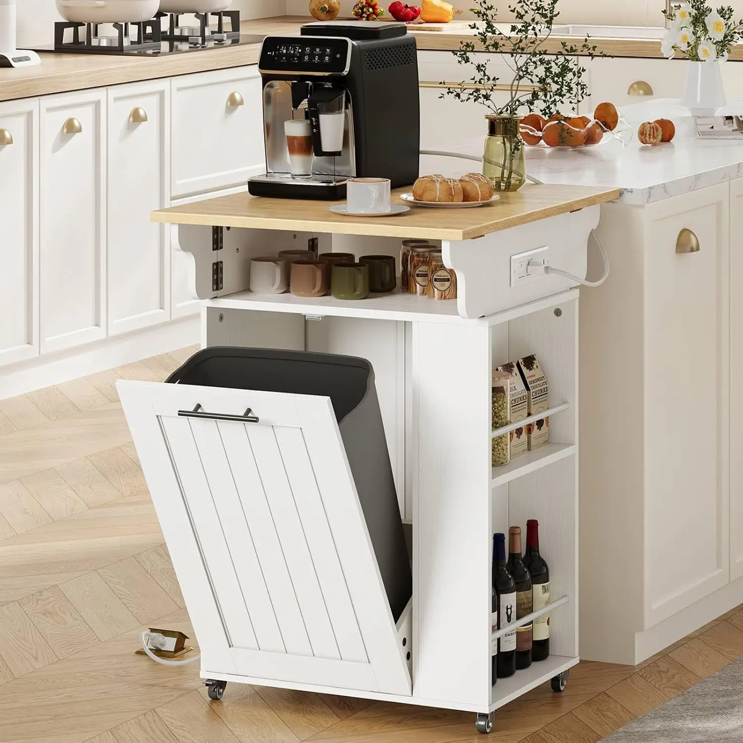 Kitchen Island with Trash Can Storage, Rolling Kitchen Island with Drop Leaf Countertop, Island Table with Power Outlet