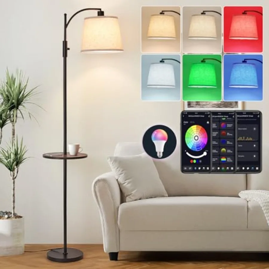 Smart Floor Lamp with Side Table Stepless Dimming, RGB Multi-Color Adjustable Swivel Head Voice Control with Alexa and Google A