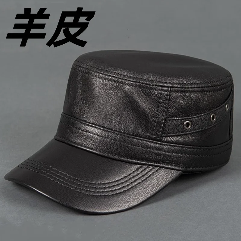 Men's Lambskin Leather Cap for Winter, Cotton-Padded Flat Peaked Newsboy Hat, Genuine Leather Warm Retro Style