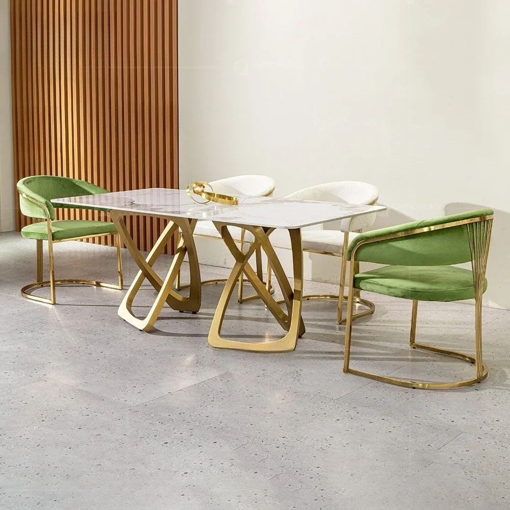 Light luxury rock slab dining table New modern high-end household rectangular high-end gold Italian designer dining table