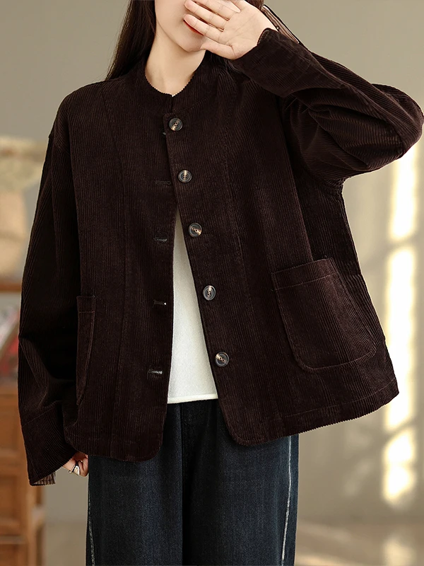 Cardigan rétro en velours côtelé à col montant pour femme, ample et décontracté, grande taille, ouvert avec boutons, assorti à tout, nouvelle collection automne