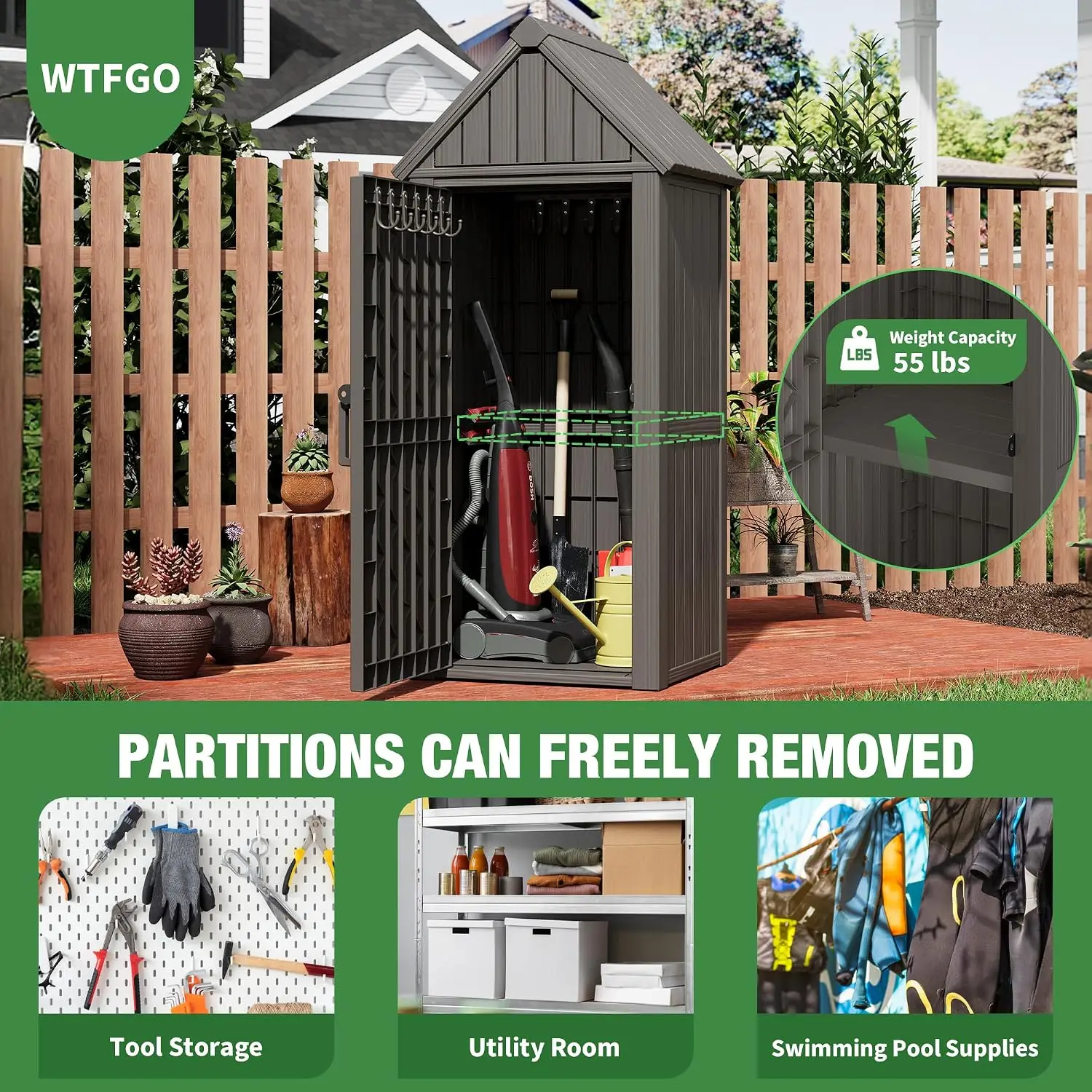 Vertical Outdoor Storage Shed, Waterproof Resin Outdoor Storage Cabinet with Removable Shelves 12 Hooks, Lockable Small Tool Shed for Garden Backyard Patio Pool