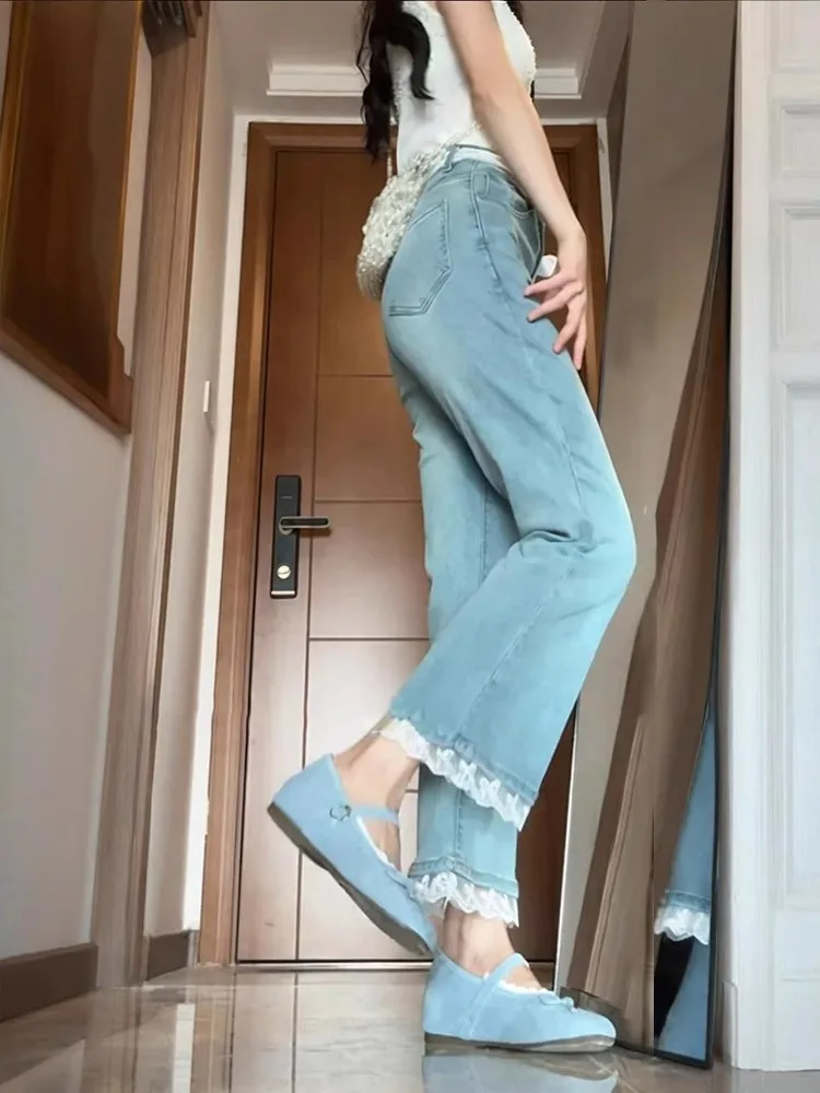 

Расклешенные джинсовые джинсы в стиле ретро, женские утягивающие кружевные лоскутные брюки с высокой талией, новые летние брюки с грушевым принтом, облегающие модели