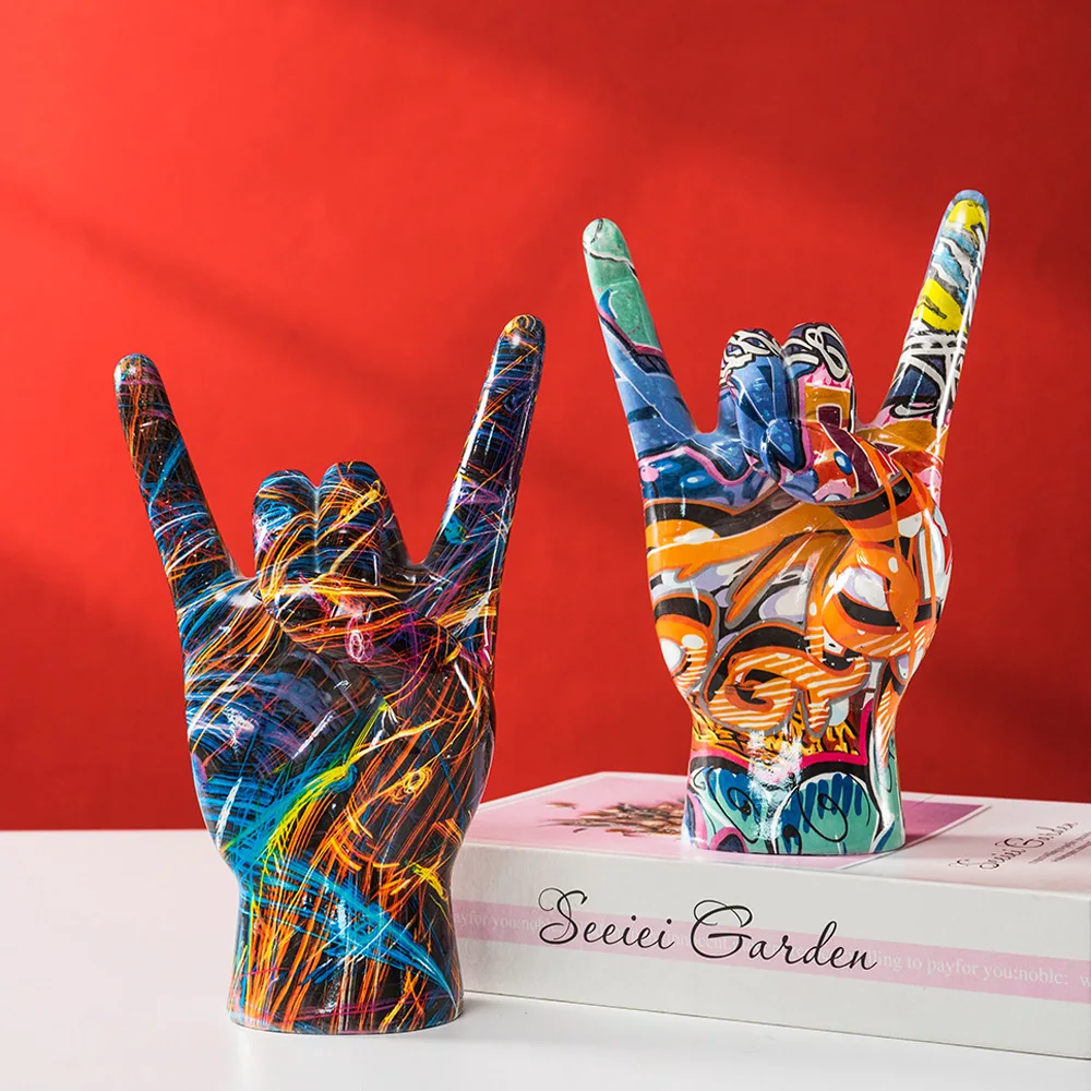 Rock Gesture Resin Figurine, Hand Doodle Graffiti Creative Roll for Home Decoration Drawing Living Room, Bar Table Desk Cabinet