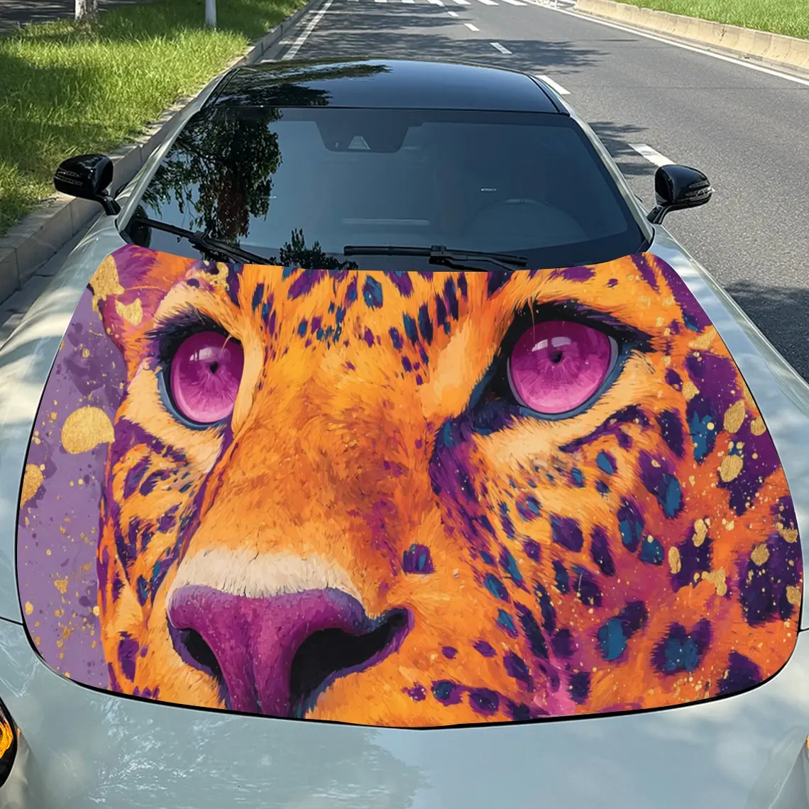 Stunning Leopard with Vivid Purple Eyes PVC Car Engine Hood Vinyl Wraps, Self-Adhesive Waterproof Car Hood Decal Sticker, Car De