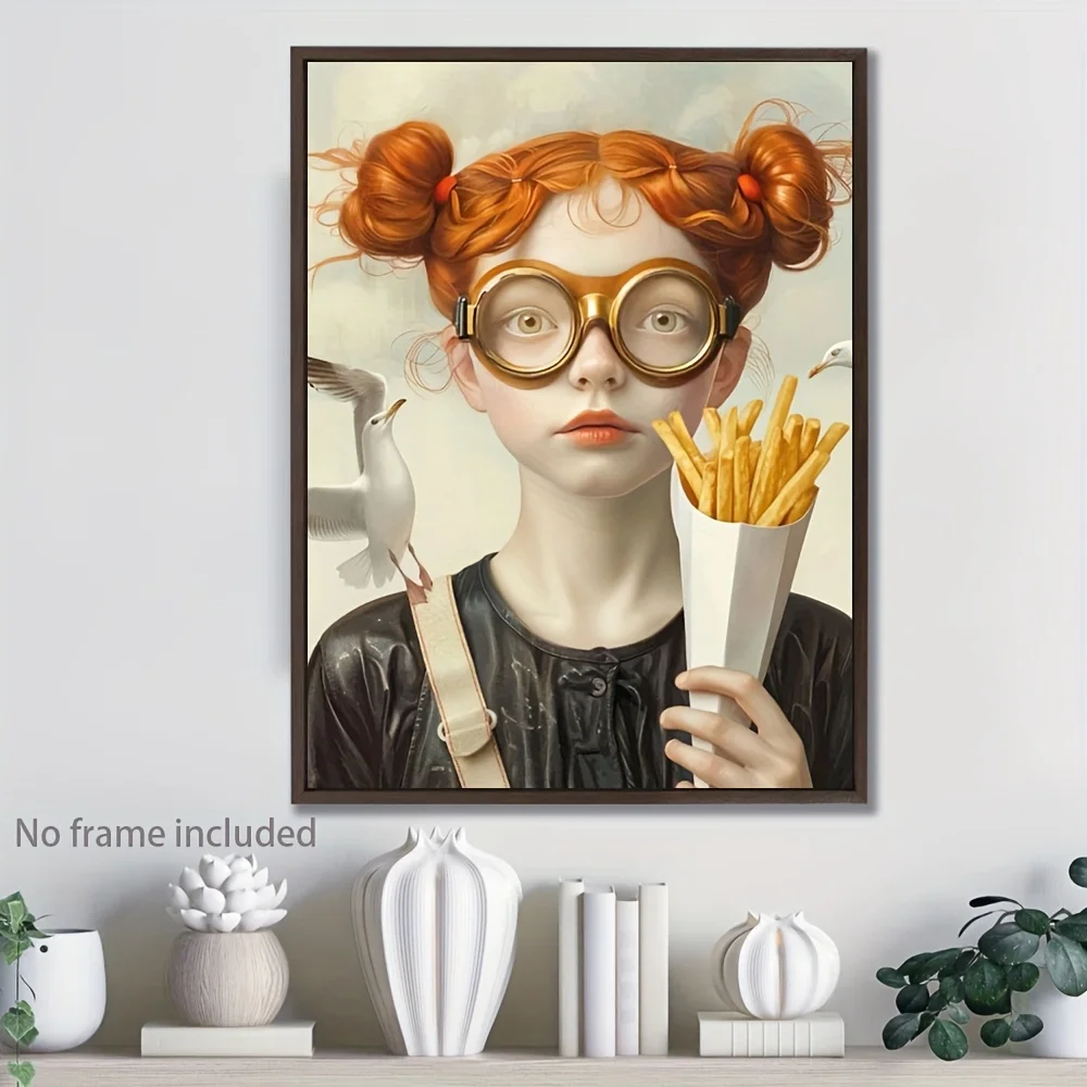 Una chica con gafas con patatas fritas pasa por palomas. Este mural decorativo sin marco es perfecto para una sala de estar y dormitorio.