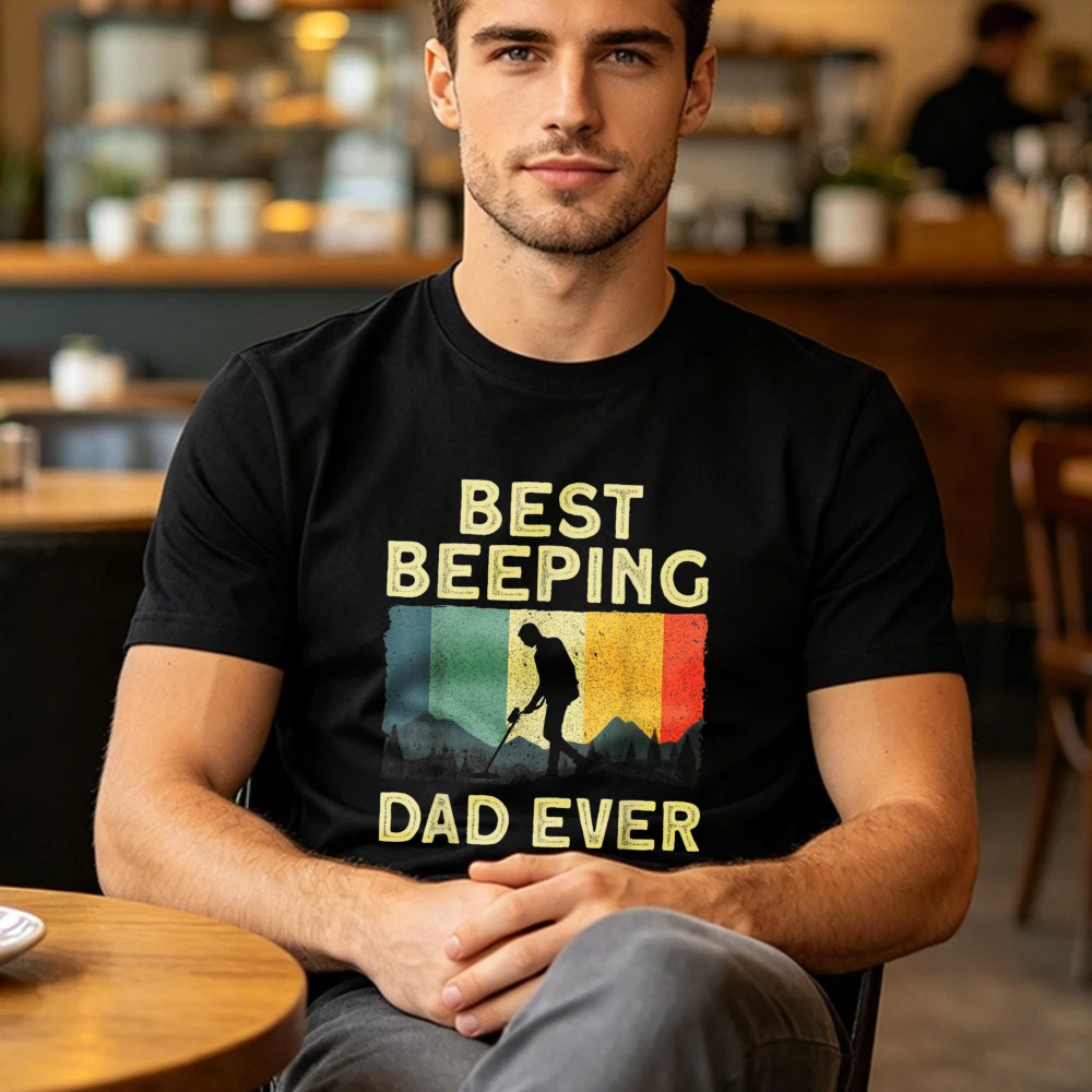 Best Metal Detecting Art for Men Dad Metal Detector Lovers T-Shirt Cotton Tee Retro Sunset Beach Funny Daddy Men Casual Top
