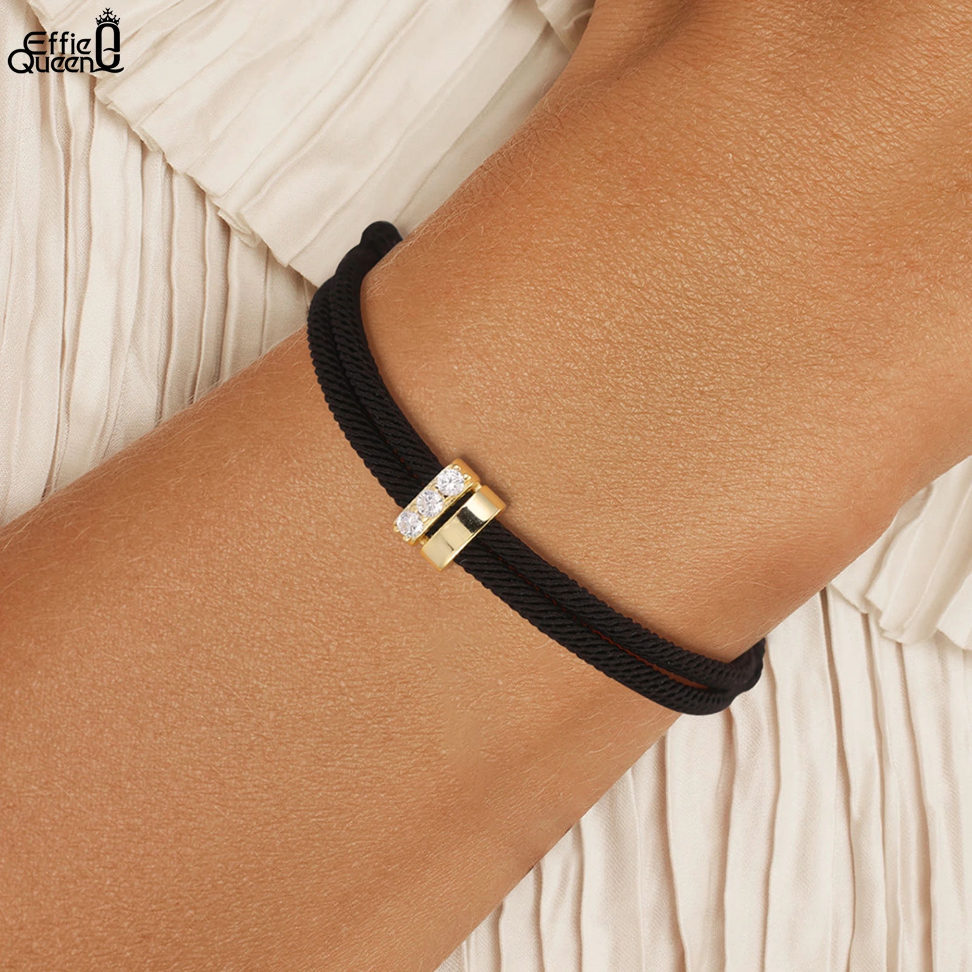 

EFFIE QUEEN, стерлинговое серебро 925 пробы, золото 14 карат, украшение из кубического циркония AAAA с черной веревкой, браслет-цепочка, регулируемый подарок APB07