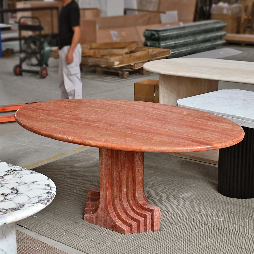 طاولة طعام من الرخام الترافرتين المنحوت بتصميم إسكندنافي حديث بيضاوي مستطيل الشكل لتطبيق المدخل #2