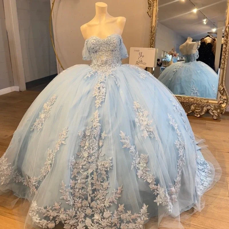 Sky Blue Leaf Illusion Lace-Up Backless Fairy Ball Gown Quinceanera Dress Appliques Lace Beads Off The Shoulder Tull Corset Vest